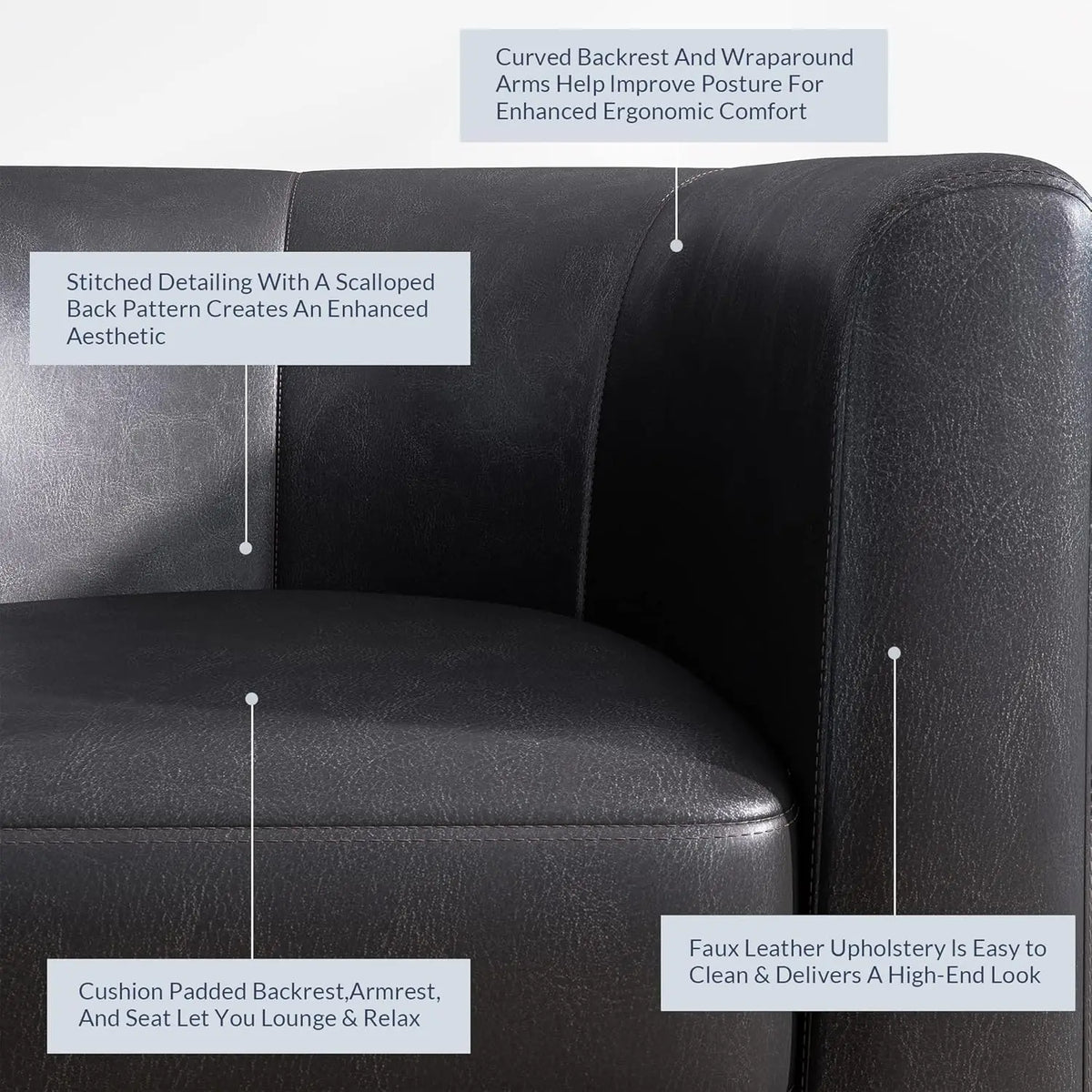 Living Room Chair, Faux Leather Round Accent Barrel Chair, Club Tub Sofa Chair For Bedroom, Corner Chair With Flared Legs And