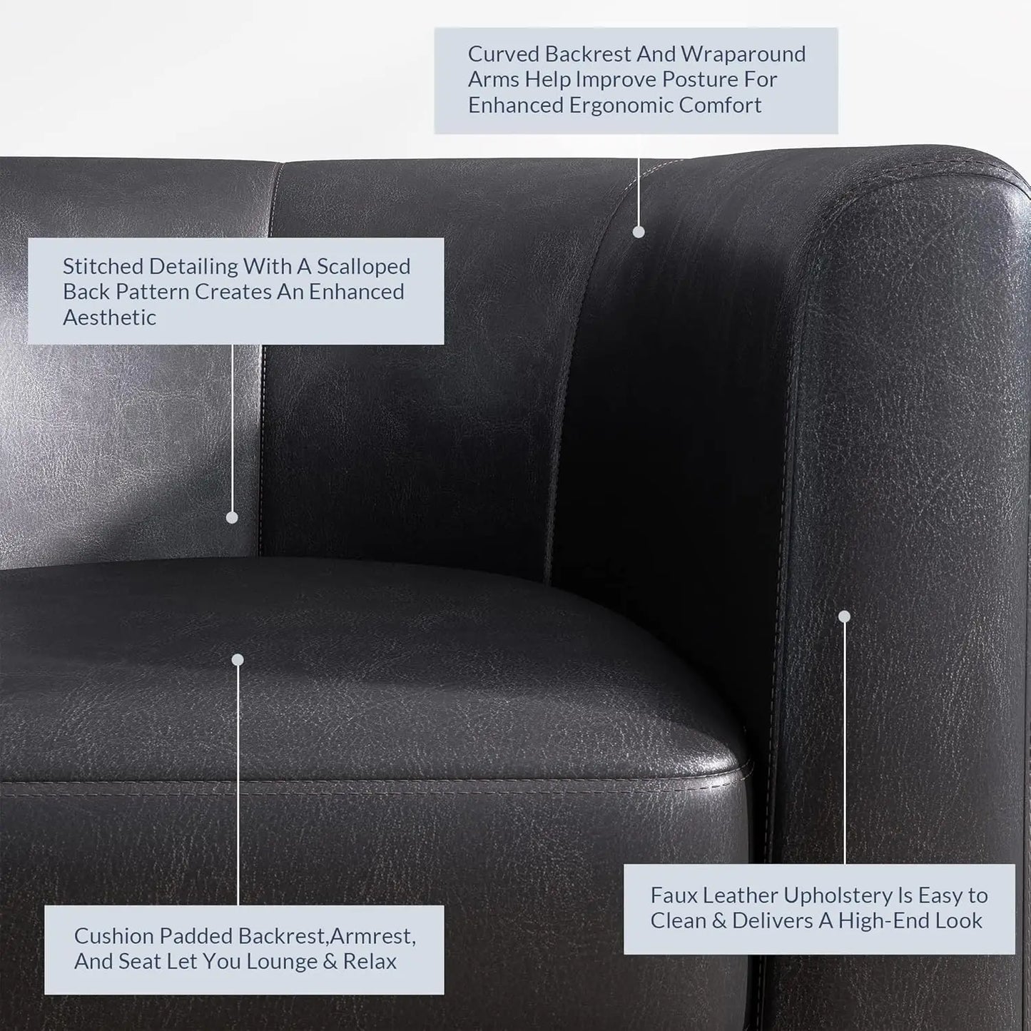 Living Room Chair, Faux Leather Round Accent Barrel Chair, Club Tub Sofa Chair For Bedroom, Corner Chair With Flared Legs And