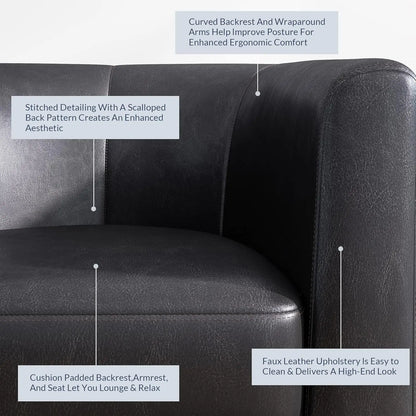 Living Room Chair, Faux Leather Round Accent Barrel Chair, Club Tub Sofa Chair For Bedroom, Corner Chair With Flared Legs And