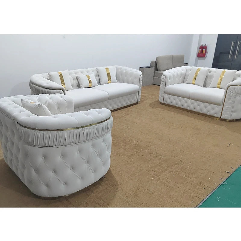 Factory Outlet European Luxury Rose Gold Leg White Chesterfield Sofa Velvet Fabric Button Tufted Living Room Couch Set Furniture