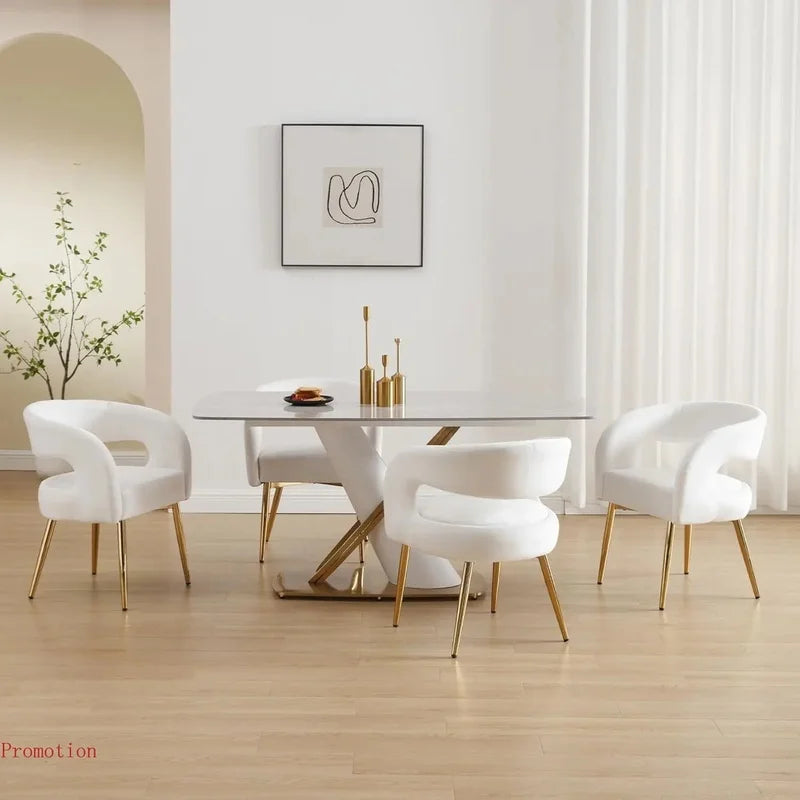 Set of 4 White Velvet Dining Chairs with Gold Legs, Modern Comfortable Barrel Armchairs for Dining Room