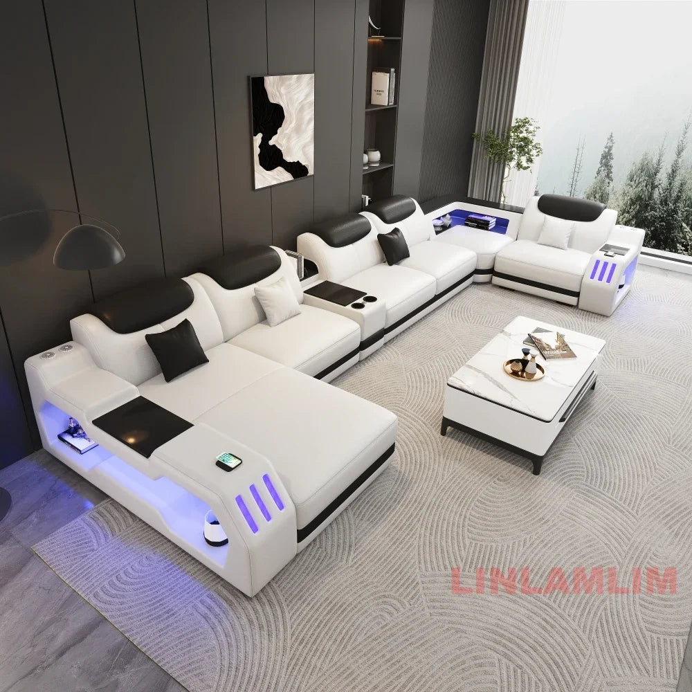 Modern Genuine Leather Massage Sectional Sofa Bed with Adjustable Headrests & LED Lights, Recliner Couch Set with Storage & USB