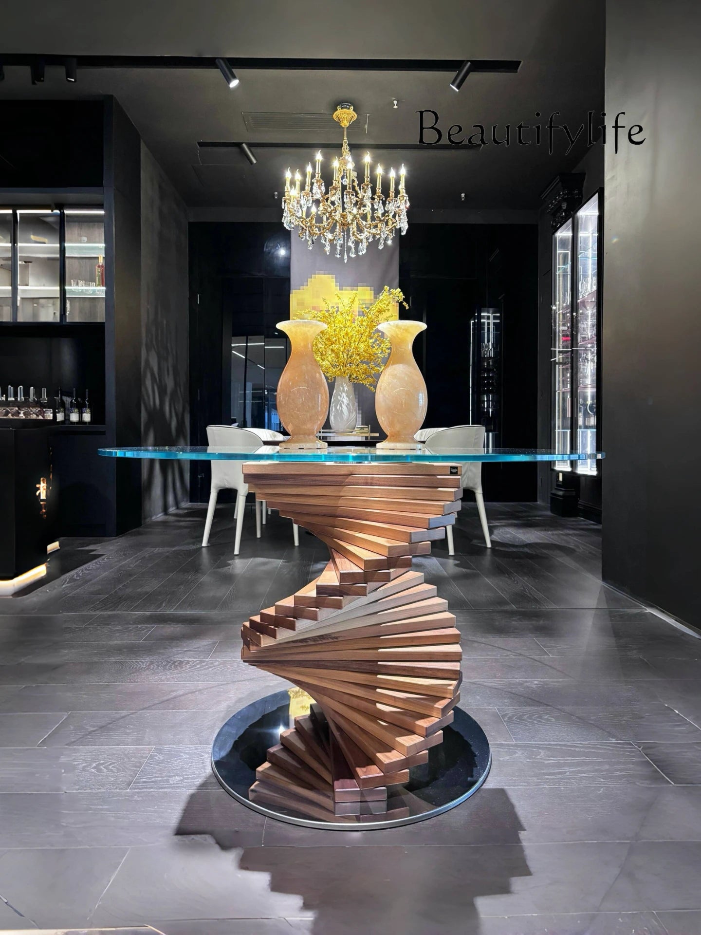 Italian retro arc design tempered glass round table light luxury special-shaped ash solid wood rotating ladder dining table