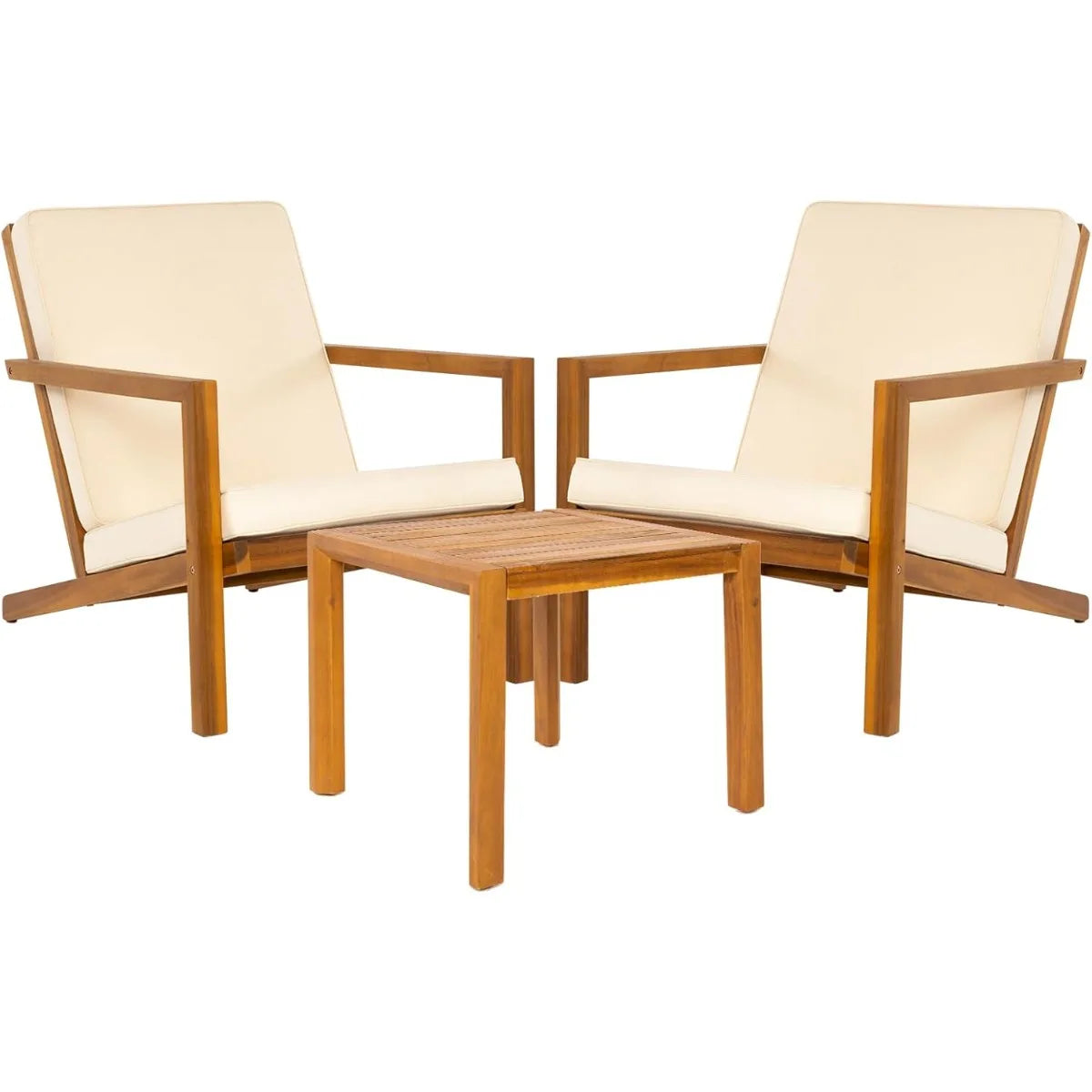 3-Pc Patio Set - Ergonomic Chairs (400lbs Capacity) w/ Waterproof Cushions + Wood Table