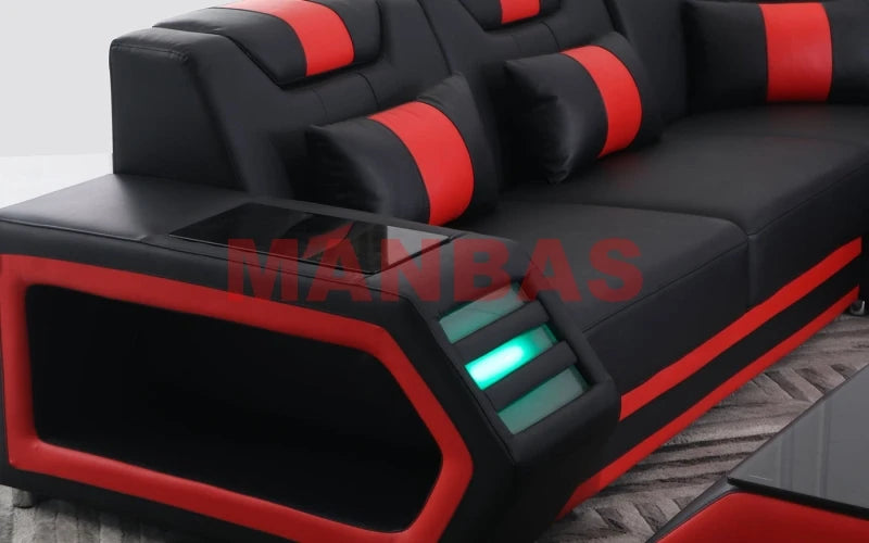 MANBAS Italian Genuine Leather Sectional Sofa with LED Lights | Futuristic Furniture U Shape Couch Living Room Big Sofas Set