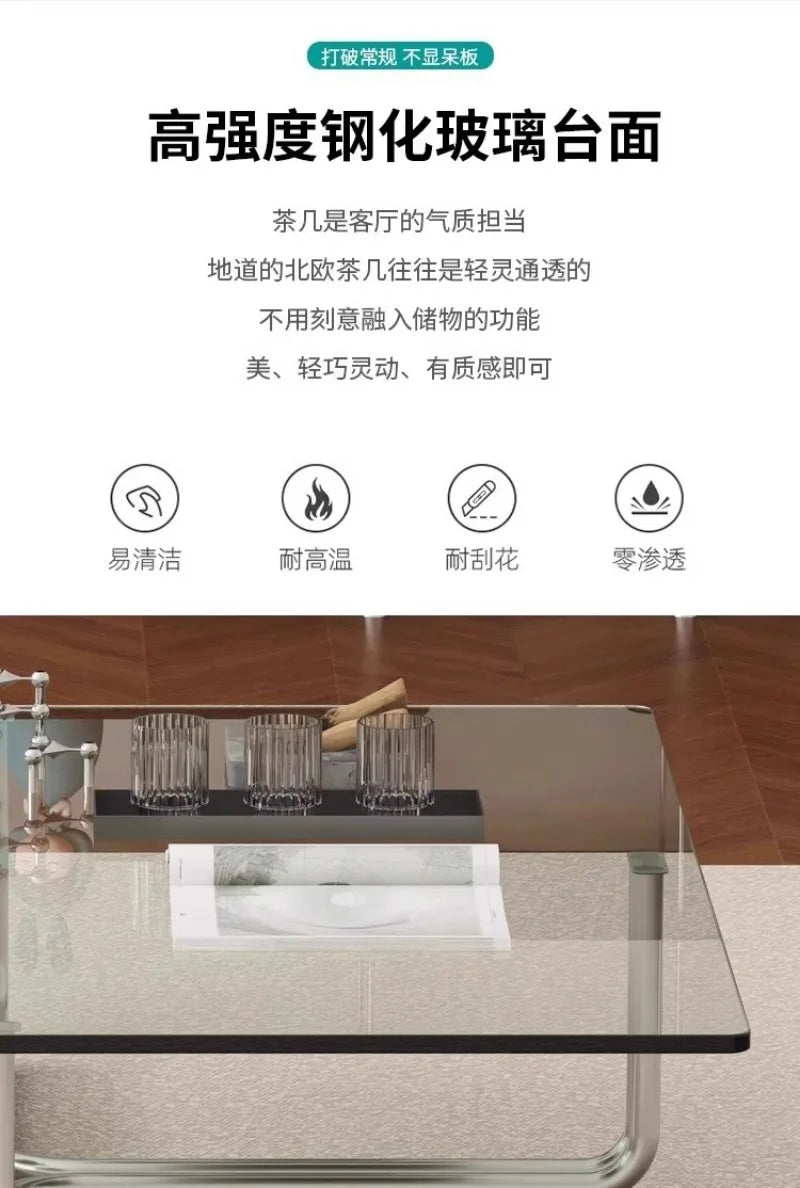 Light Luxury Tea Table Transparent Glass Tea Table Living Room Sofa Side Table Low Tea Tables Stainless Steel Square Side Tables