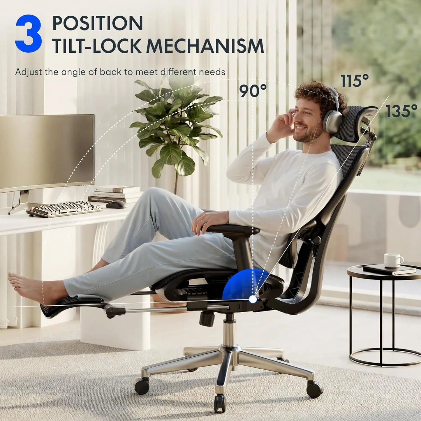Premium Ergonomic Office Chair,3D Adjustable Armrests,Dynamic Lumbar Support,Recline Tilt & Footrest, Custom