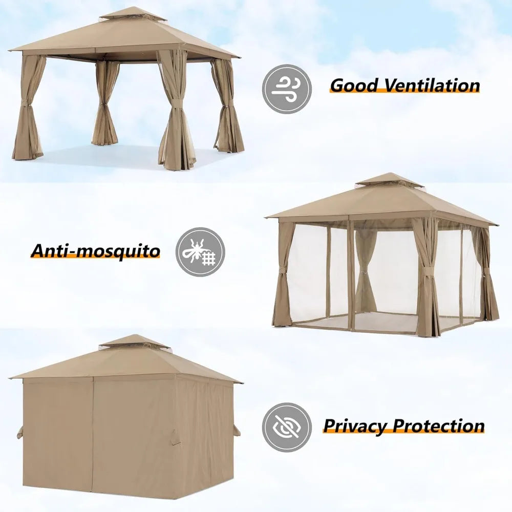 Outdoor Patio Gazebo 11x13 - Double Roof Canopy with Mosquito Netting and Curtain for Backyard, Deck, Garden, Lawn, Khaki