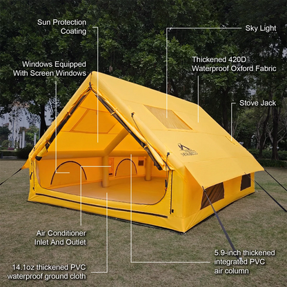129 Sq Ft Inflatable Camping Tent Easy Setup Waterproof Oxford Air Tent House with Pump 4 Season Family Glamping Tent