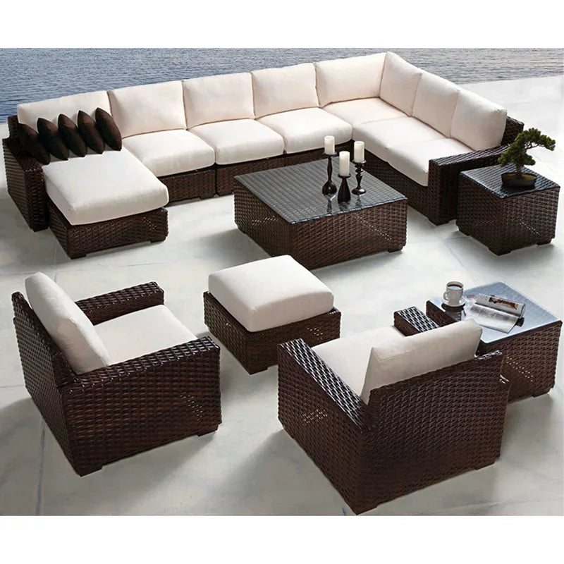 'Modern Luxury Dining Metal Aluminum Wicker Rope Sofa Garden Set With Fire Pit Outdoor Patio Furniture Set