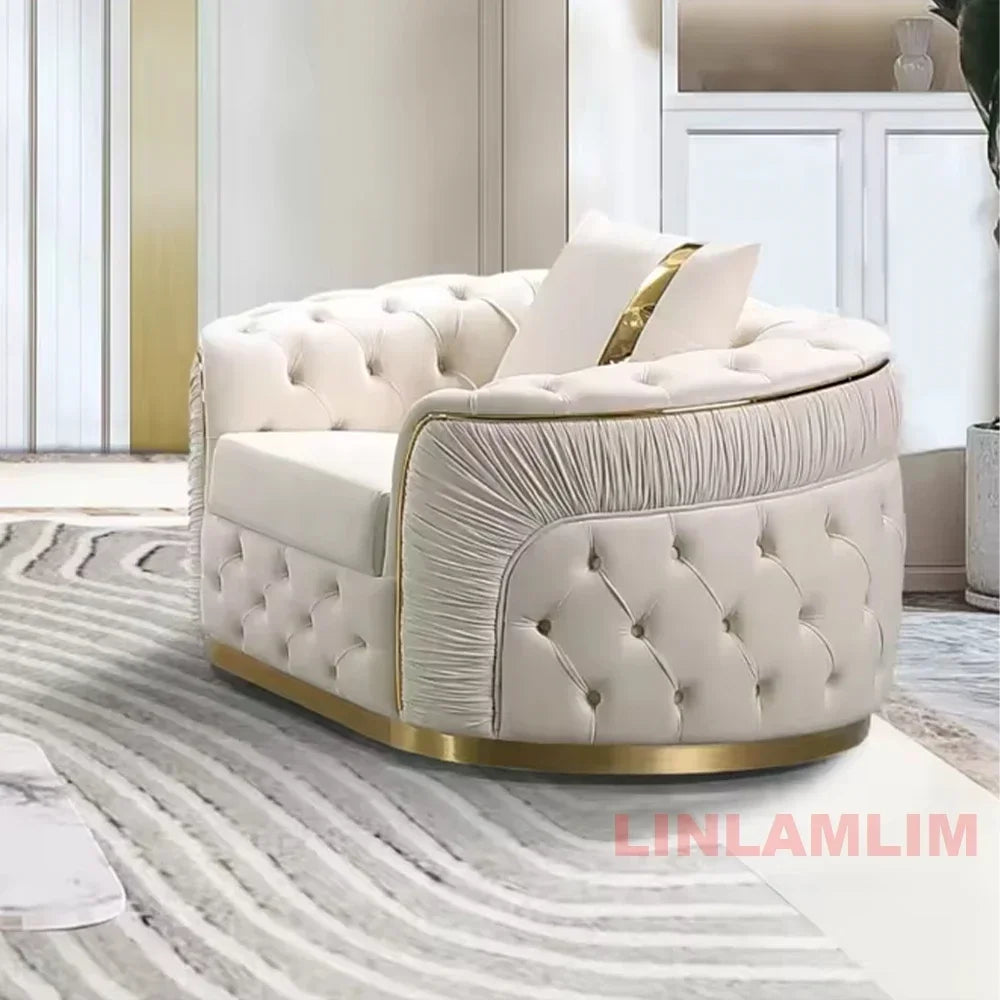 A Luxury Chesterfield Sectional Sofa Set With Cloth Buttons And Fabric Modular Couch With Gold Stainless Steel Base, 3-seater So