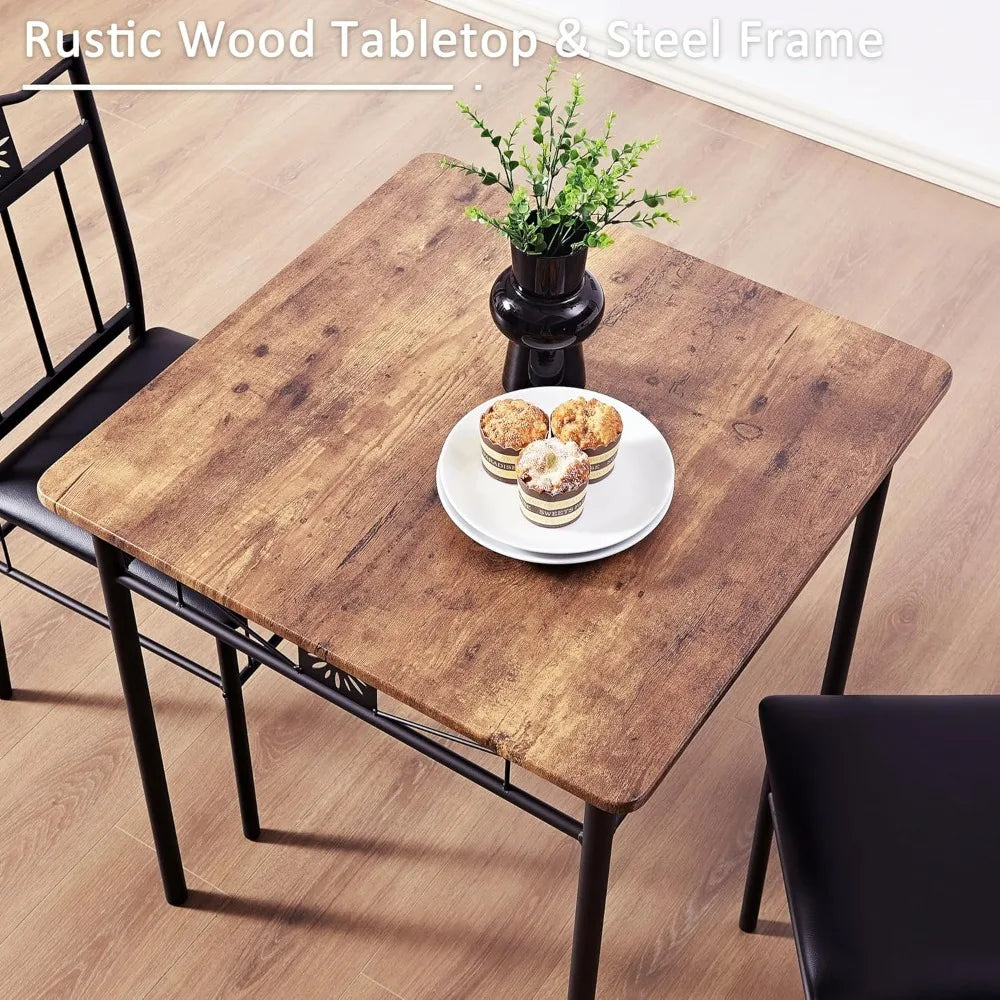 Compact 3-Piece Dining Table Set for Two with PU Chairs, Easy Assembly, Brown