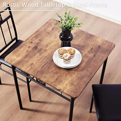 Compact 3-Piece Dining Table Set for Two with PU Chairs, Easy Assembly, Brown