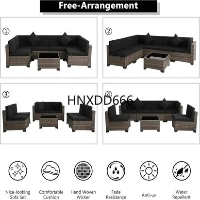 Brown Rattan Sectional Sofa Set with Cushions and Coffee Table for Outdoor Patio