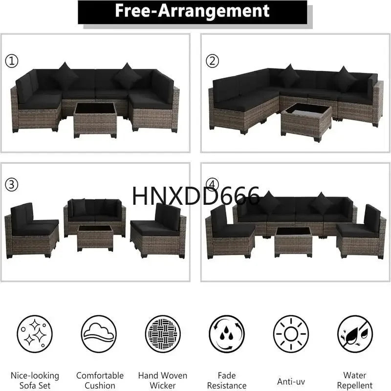 Brown Rattan Sectional Sofa Set with Cushions and Coffee Table for Outdoor Patio