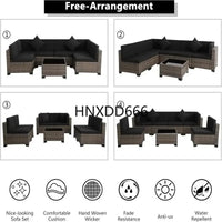 Brown Rattan Sectional Sofa Set with Cushions and Coffee Table for Outdoor Patio