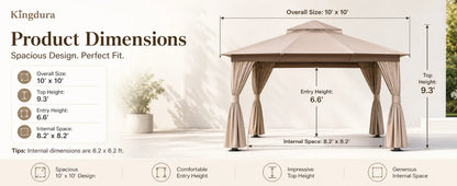 Kingdura 10'x10' Outdoor Gazebo, Heavy Duty Metal Patio Canopy Tent Shelter with Double Roof, Mosquito Netting & Privacy Curtain