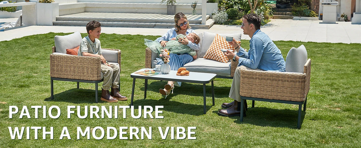 4-Piece Wicker Patio Furniture Set, All-Weather Rounded Rattan Conversation Set Sectional Sofa with 5'' Thick Cushions