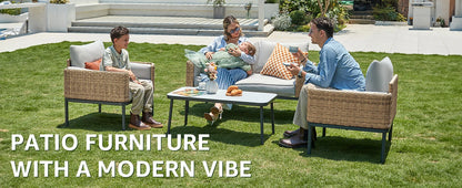 4-Piece Wicker Patio Furniture Set, All-Weather Rounded Rattan Conversation Set Sectional Sofa with 5'' Thick Cushions