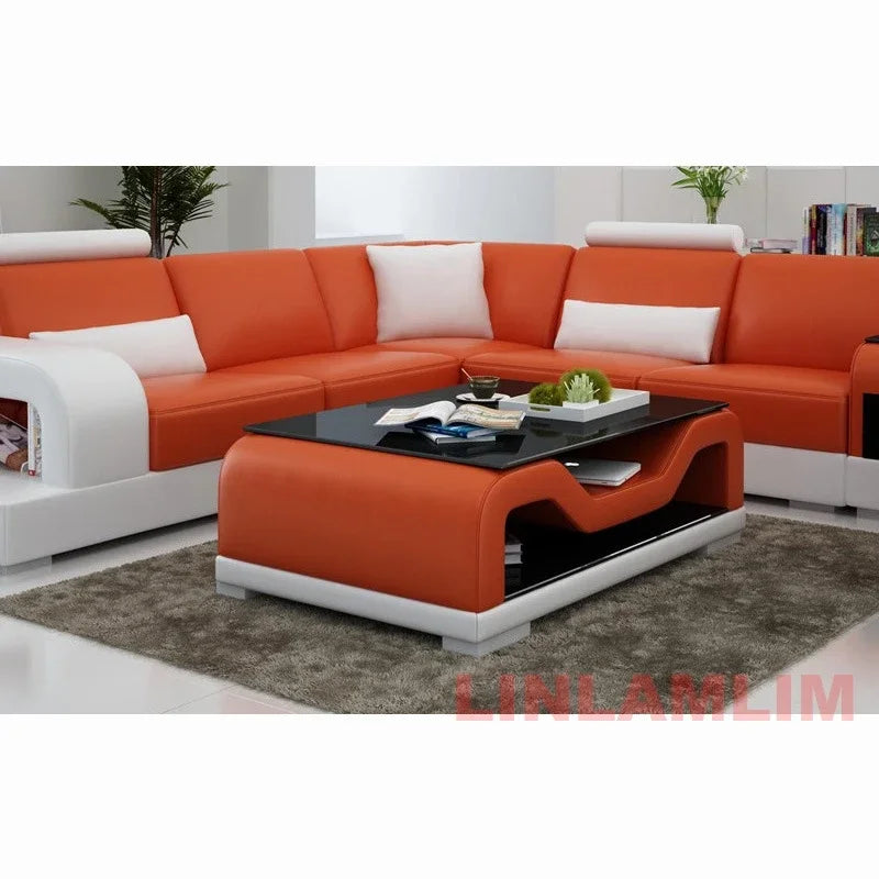 Modern LED Lighted Sofa Set with Recliner, Adjustable Headrest & Console | Luxury Leather Sectional Couch | Futuristic Furniture