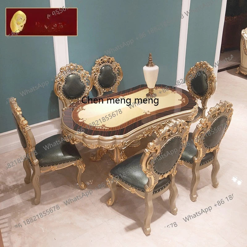 European oval 1.8 meters long dining table and chairs combination villa solid wood carving flower atmosphere dining table