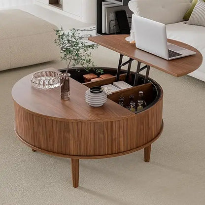 Round trough lift top coffee table with storage space, medieval modern living room coffee table, small family space