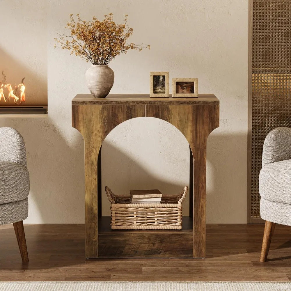 Wood End Table Set of 2, Side Table with Storage Space for Living Room, Narrow Nightstand for Bedroom, Rustic Brown