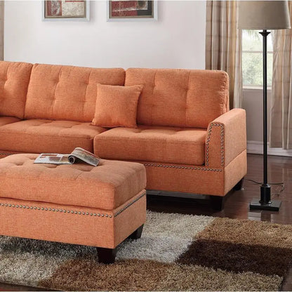 Modern Citrus 3-Piece Sectional Sofa with Reversible Chaise and Ottoman, Tufted Polyfiber Cushion, Includes Pillows for Living