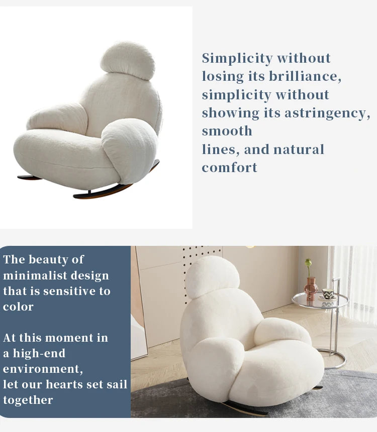 Modern Rocking Leisure Chair White Fabric Sofa Chair Soft Living Room Chair With Footstool Set Lounge Armchair