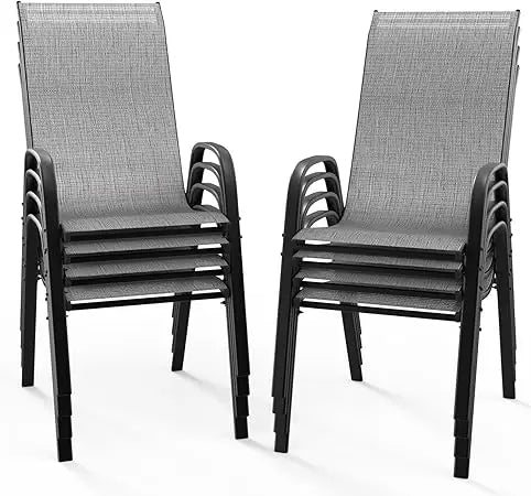 Patio Chairs Set of 8 – Stackable Outdoor Dining Chairs with Comfortable Sling High Back Chairs and Armrests for Lawn, Poolside