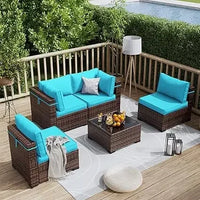 Patio Furniture Set Outdoor Modern Sectional  Wicker Couch with Glass Coffee Table, Thicken Cushions, Waterproof Cover