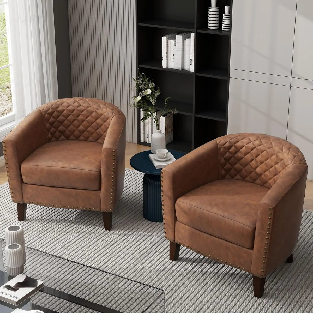 Faux Leather Barrel Accent Chairs Set of 2, Round Club Chair Modern Upholstered Armchair for Living Room, Comfy Nailed Trim Arm