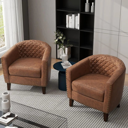Faux Leather Barrel Accent Chairs Set of 2, Round Club Chair Modern Upholstered Armchair for Living Room, Comfy Nailed Trim Arm