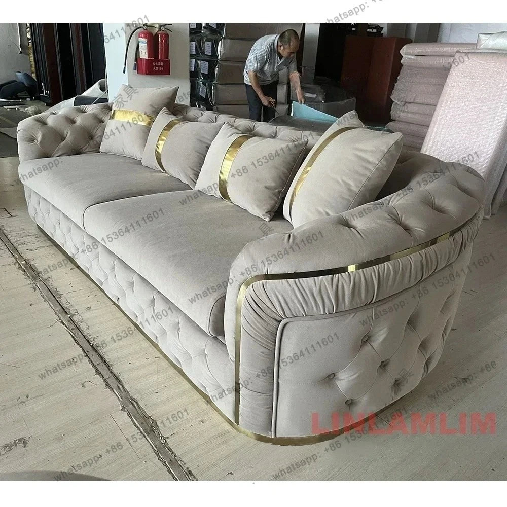 Luxury Chesterfield Sectional Sofa Set With Cloth Buttons And Fabric Modular Couch With Gold Stainless Steel Base, 3-seater