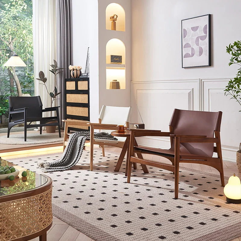 Italian Luxury Leather Sofa Chair Nordic Solid Wood Single Recliner Home Leather Leisure Chair