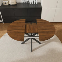 Circular telescopic dining table, 6-person carbon steel base, modern minimalist solid wood veneer, 42 in extended to 58 in