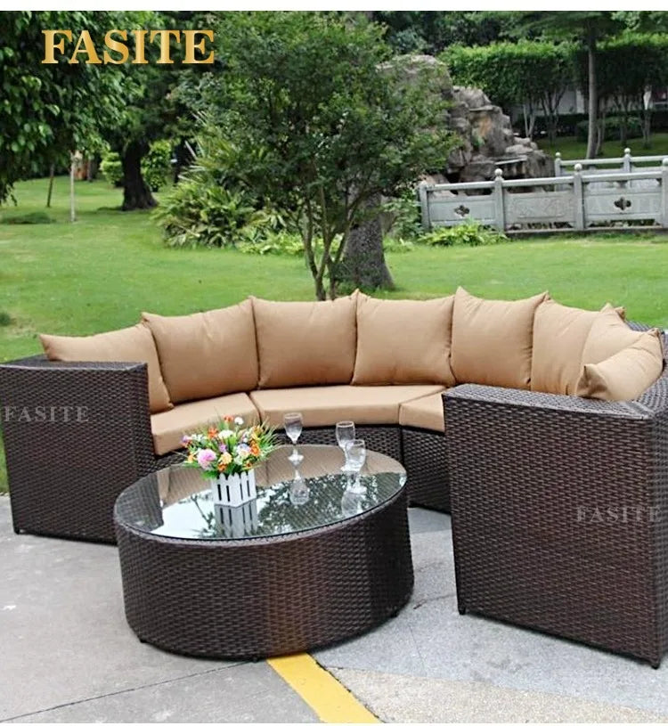 Outdoor round rattan sofa combination garden courtyard semi-circular rattan chair outdoor hotel curved living room