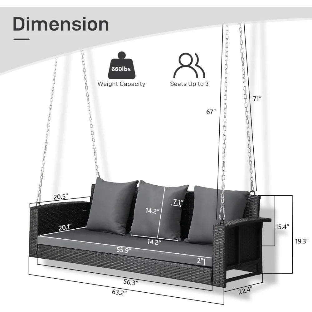 5FT Wicker Outdoor Porch Swing for Adults, 3-Person Patio Swing with Cushion, Pillows, and Chains