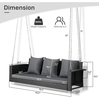 5FT Wicker Outdoor Porch Swing for Adults, 3-Person Patio Swing with Cushion, Pillows, and Chains