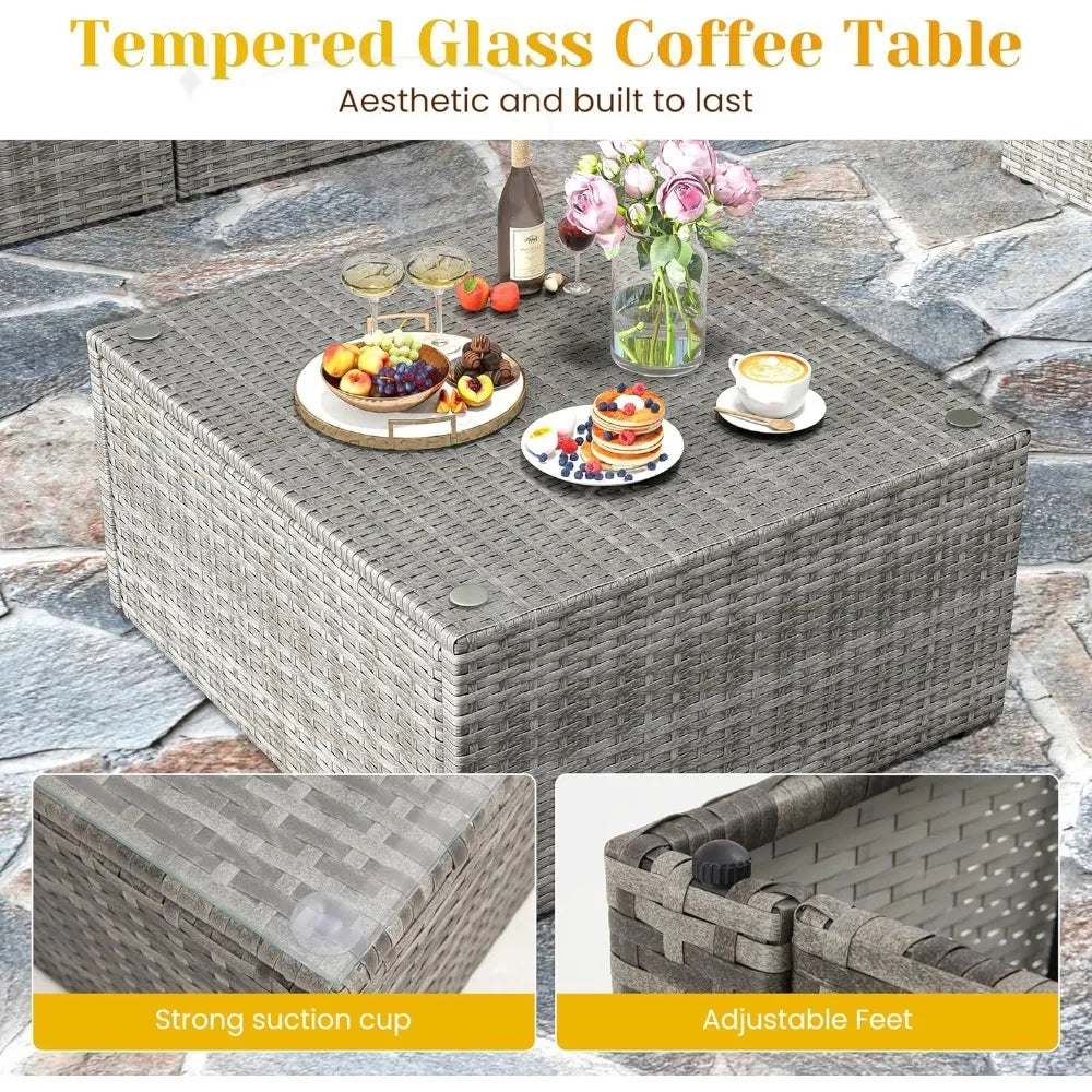 Seven Piece Patio Set, Outdoor Furniture With Glass Tea Table, PE Rattan Wicker Conversation Group, Includes Washable Cushions