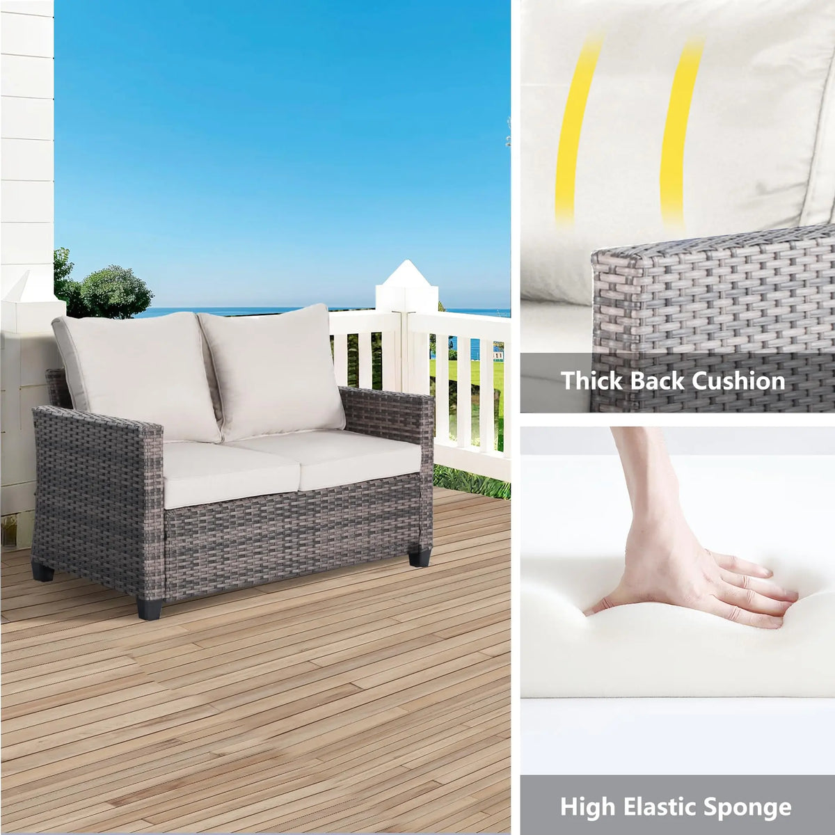 Outdoor sofa with detachable thickened cushions and backrests. It is a waterproof rattan sofa, suitable for gardens, backyards,