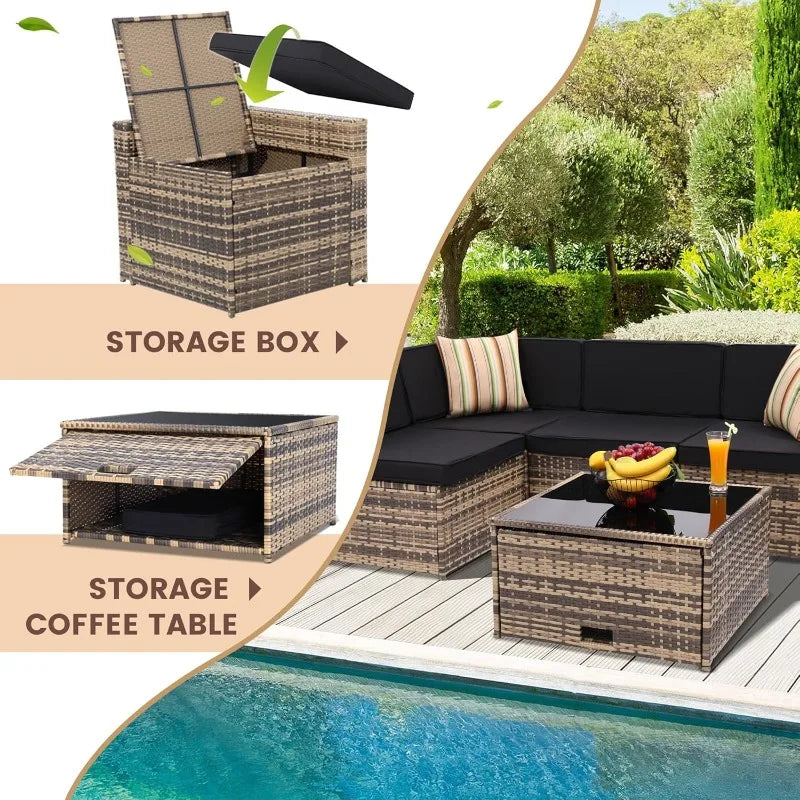HOME-8 Piece Outdoor Wicker Patio Furniture Sectional Set, Glass Top Table With Hidden Storage, Includes 7 Seating Componentscam