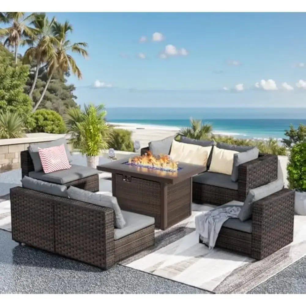 /Outdoor Furniture 7 Piece Sets with Fire Pit Table, Patio Couch Sectional with NoSlip Cushions and Cover, Outdoor Furniture S