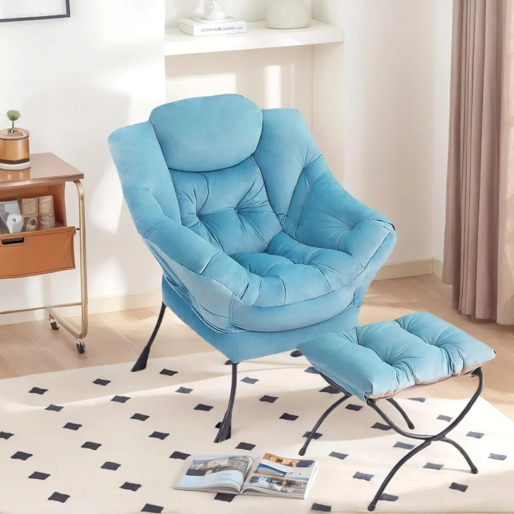 Modern Velvet Lounge Chair with Ottoman, Comfy Reading Armchair with Footrest for Living Room, Bedroom, Dorm