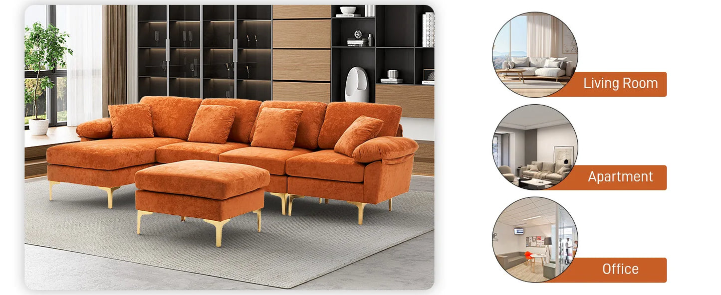 U Shaped Sectional Sofa Couch Set for Living Room Convertible Velvet with Chaise Lounge Ottoman and Pillows