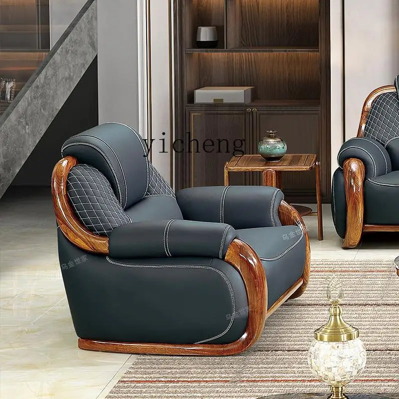 FY Ebony Wood Genuine Leather Sofa Solid Wood Sofa Living Room New Model