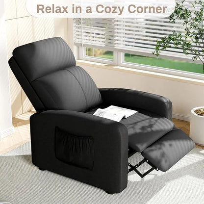 Black Linen Fabric Recliner Chair with Thicker Seat Cushion, Side Pocket, Adjustable Backrest and Footrest for Home Theater and
