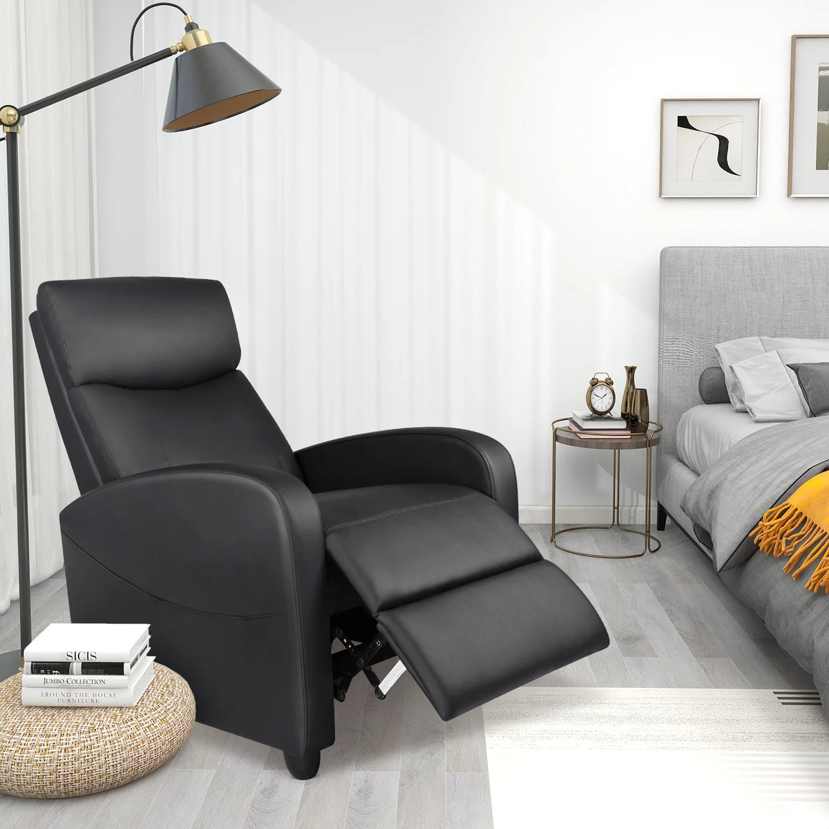 JHK Recliner Chair Massage Sofa Fabric Theater Lumbar Support Adjustable Modern Padded Seat Backrest Living Room Home Grey
