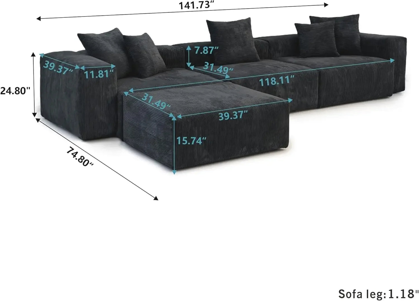 181" Oversized Compressed Sofa Boneless Couch Modular Sofas for Living Room Huge 4-Seats Sectional Couches with Chaise