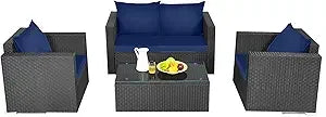 4 Piece Patio Rattan Conversation Furniture Set, Outdoor Wicker Sofa Set with Padded Cushion & Tempered Glass Coffee Table, Wic